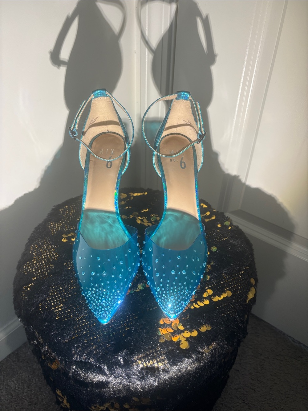 Mix No. 6 Turquoise Blue Crystal Pointed-Toe Ankle-Strap Heels